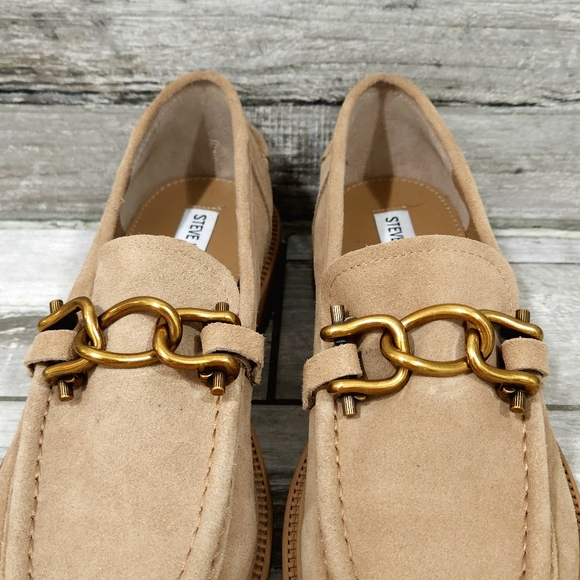 STEVE MADDEN "Karmine" Leather/Suede Chunky Heel Loafer with Chainlink Detail - Picture 14 of 15